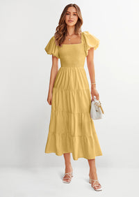 PRETTYGARDEN Women's Summer Casual Midi Dress Puffy Short Sleeve Square Neck Smocked Tiered Ruffle Dresses