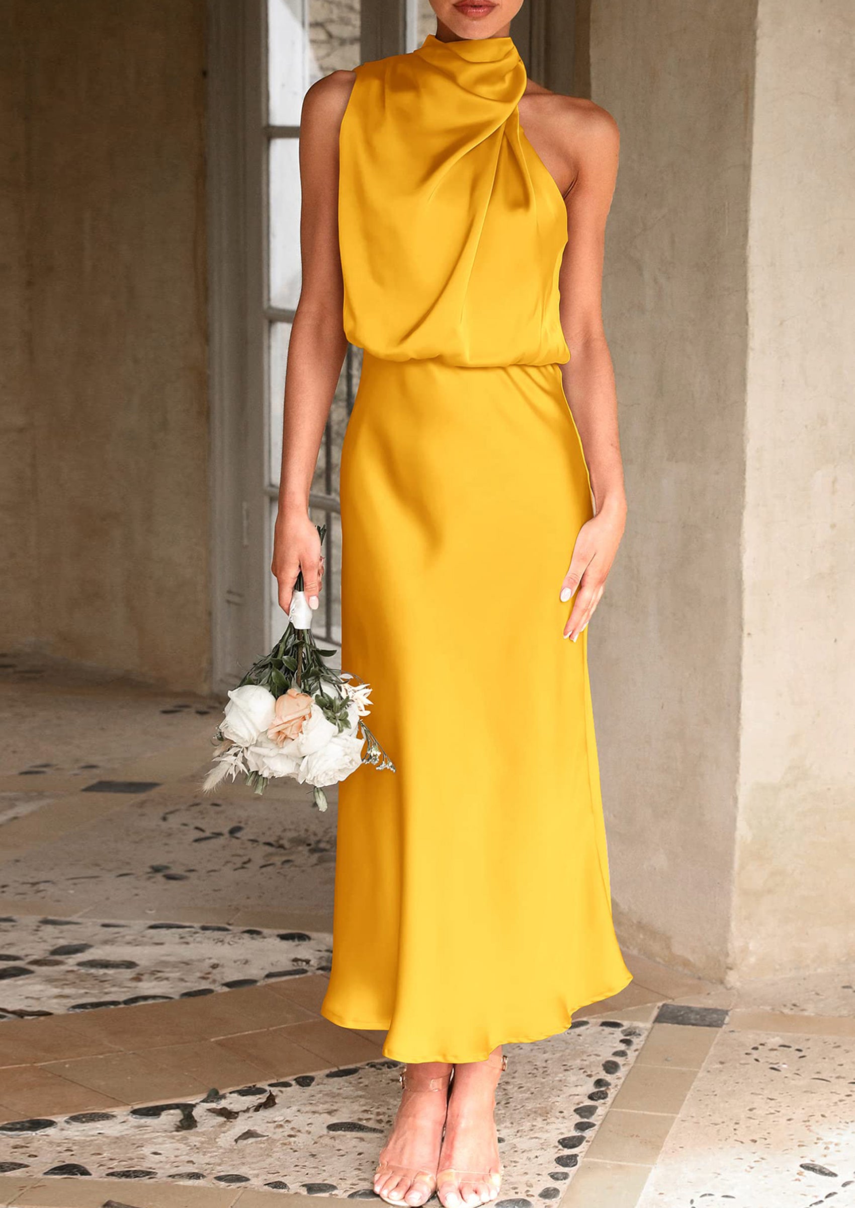 PRETTYGARDEN Women's Summer Satin Dress Elegant Sleeveless Mock Neck Cocktail Party Maxi Dresses