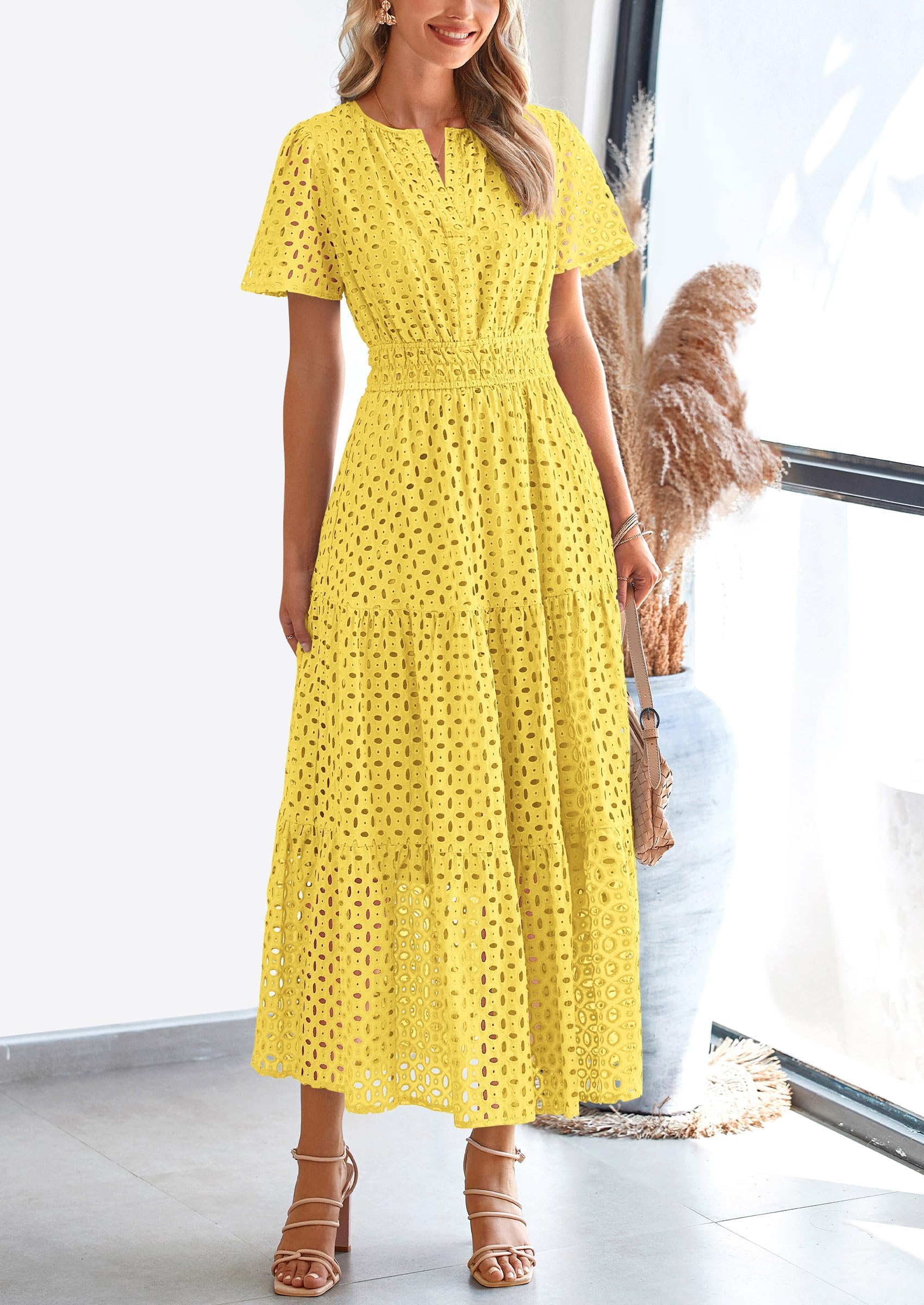 PRETTYGARDEN Womens Maxi Dress Short Sleeve V Neck Hollow Out Eyelet A Line Long Flowy Beach Vacation Dresses