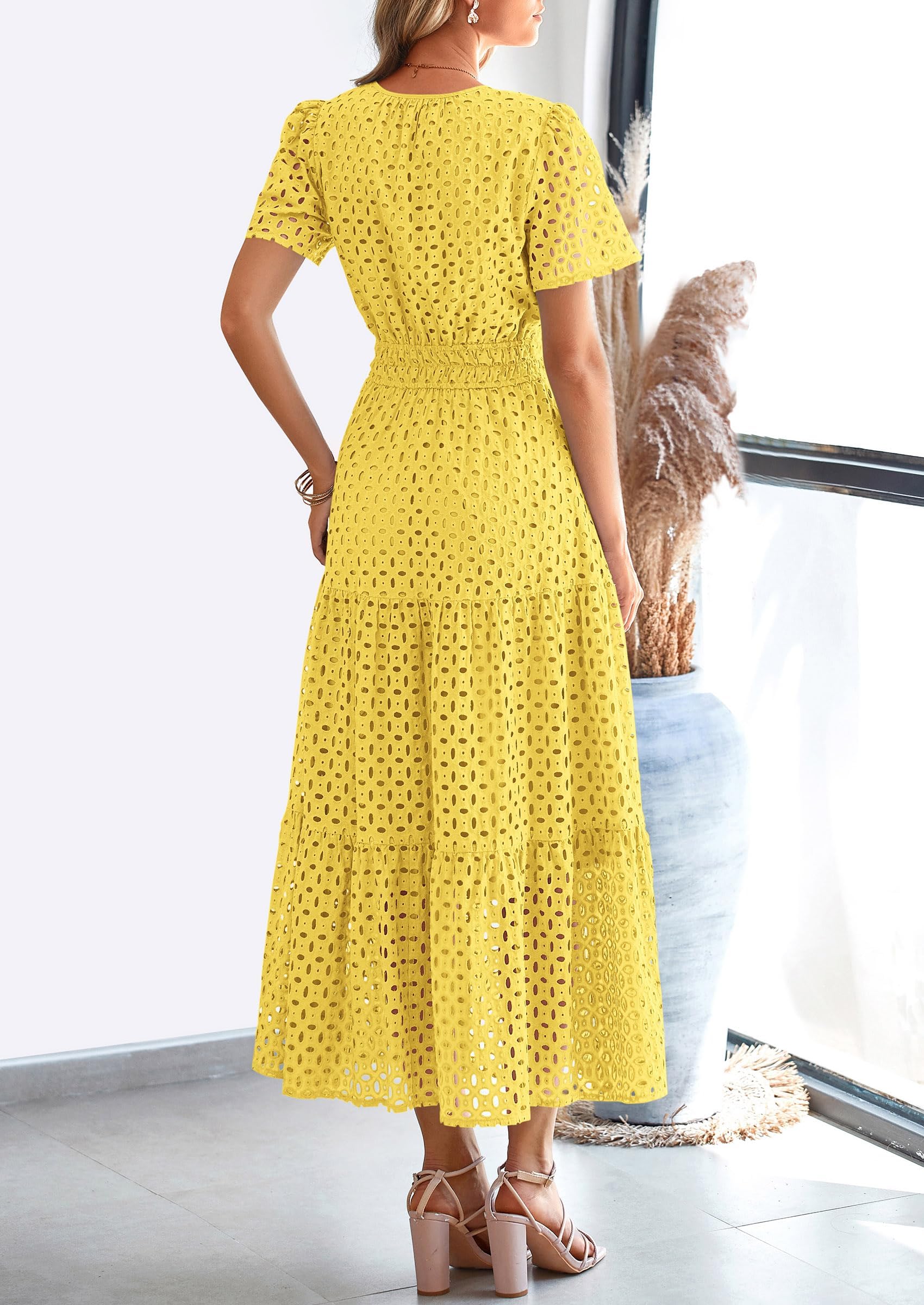 PRETTYGARDEN Womens Maxi Dress Short Sleeve V Neck Hollow Out Eyelet A Line Long Flowy Beach Vacation Dresses