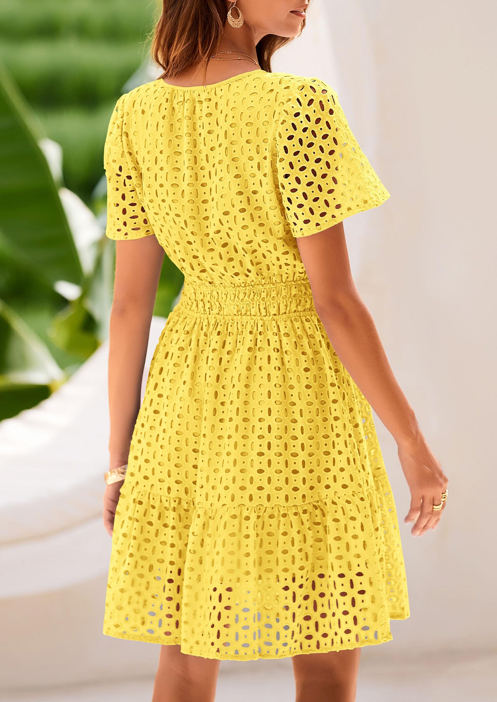 PRETTYGARDEN Women Summer Short Dress V Neck Short Sleeve A Line Hollow Out Lace Ruffle Cute Casual Beach Party Dresses