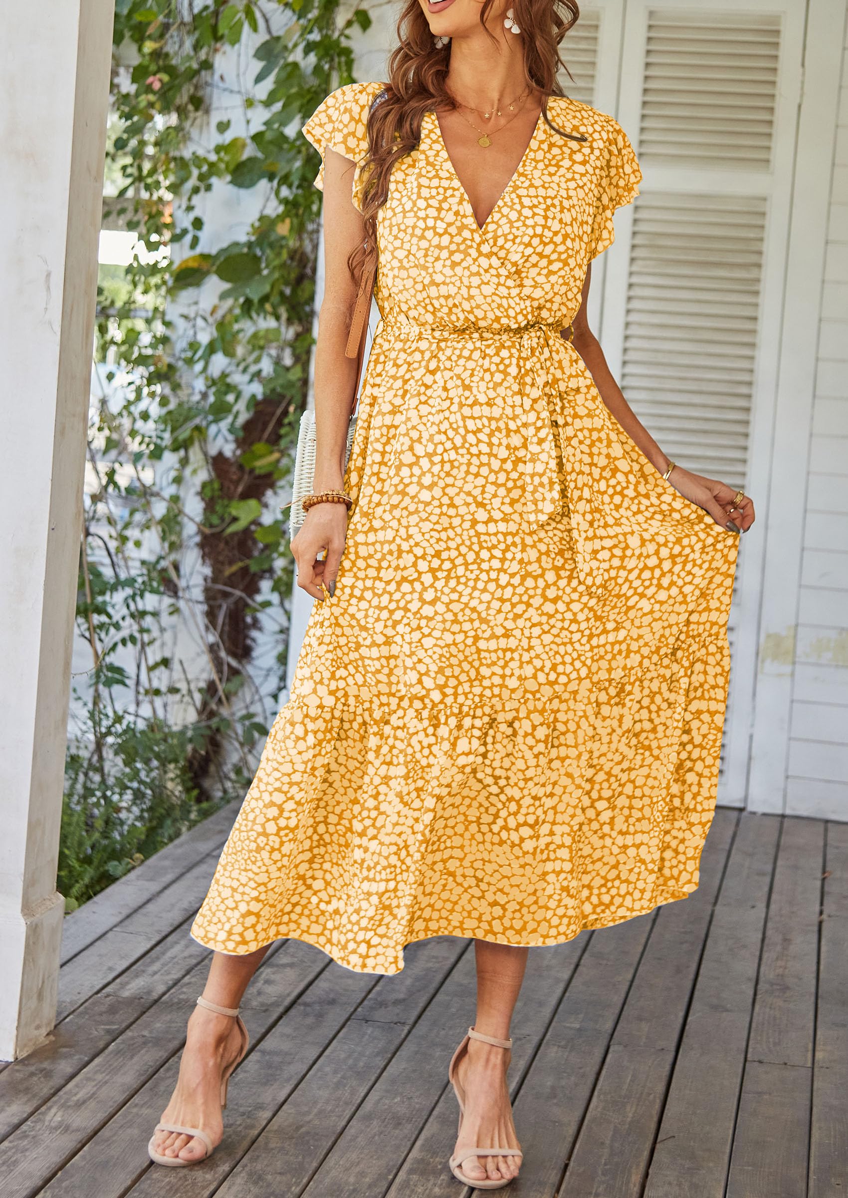 PRETTYGARDEN Women's Summer Floral Boho Maxi Dress Wrap Short Sleeve V Neck Ruffle A-Line Flowy Wedding Guest Long Dresses