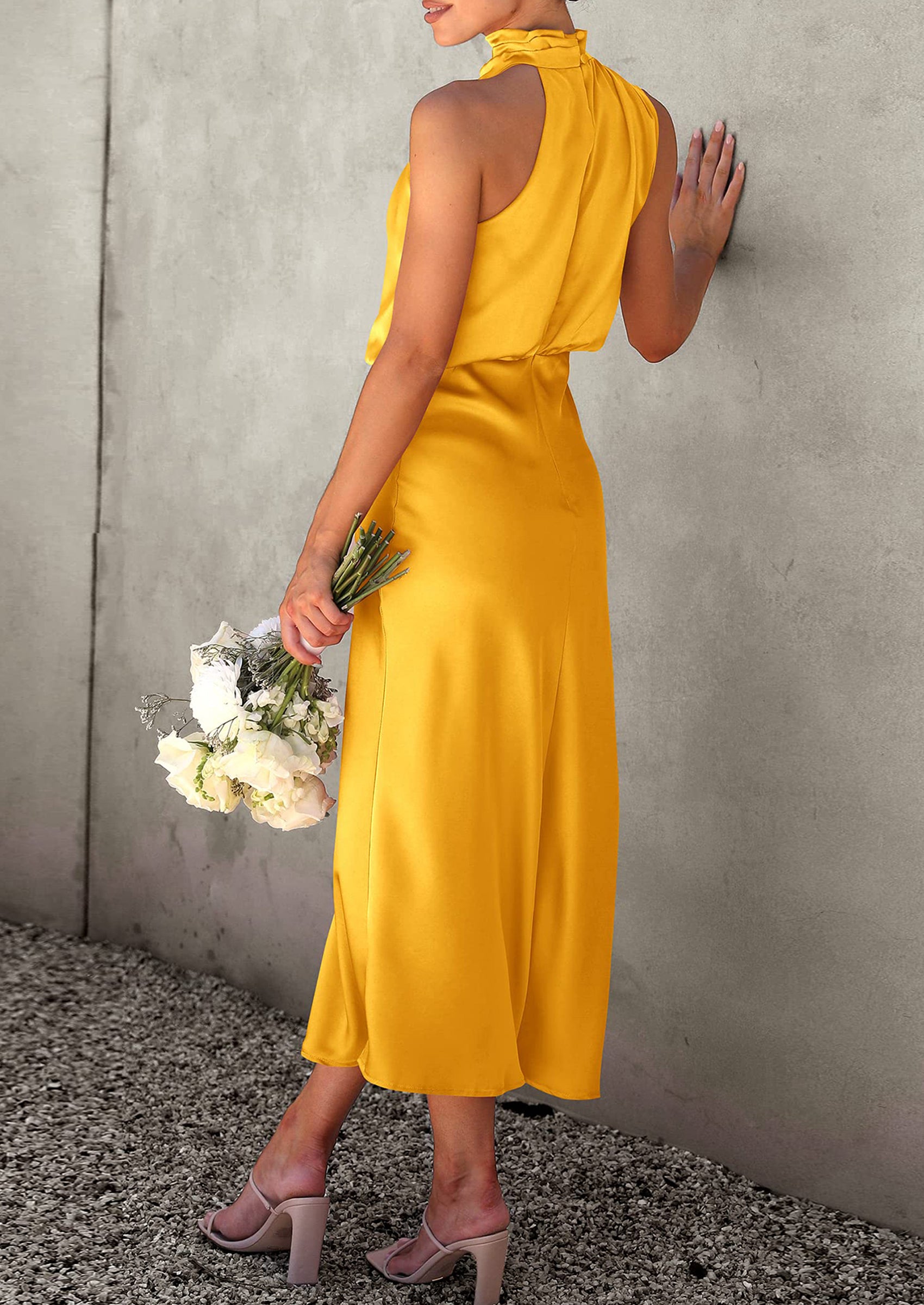 PRETTYGARDEN Women's Summer Satin Dress Elegant Sleeveless Mock Neck Cocktail Party Maxi Dresses