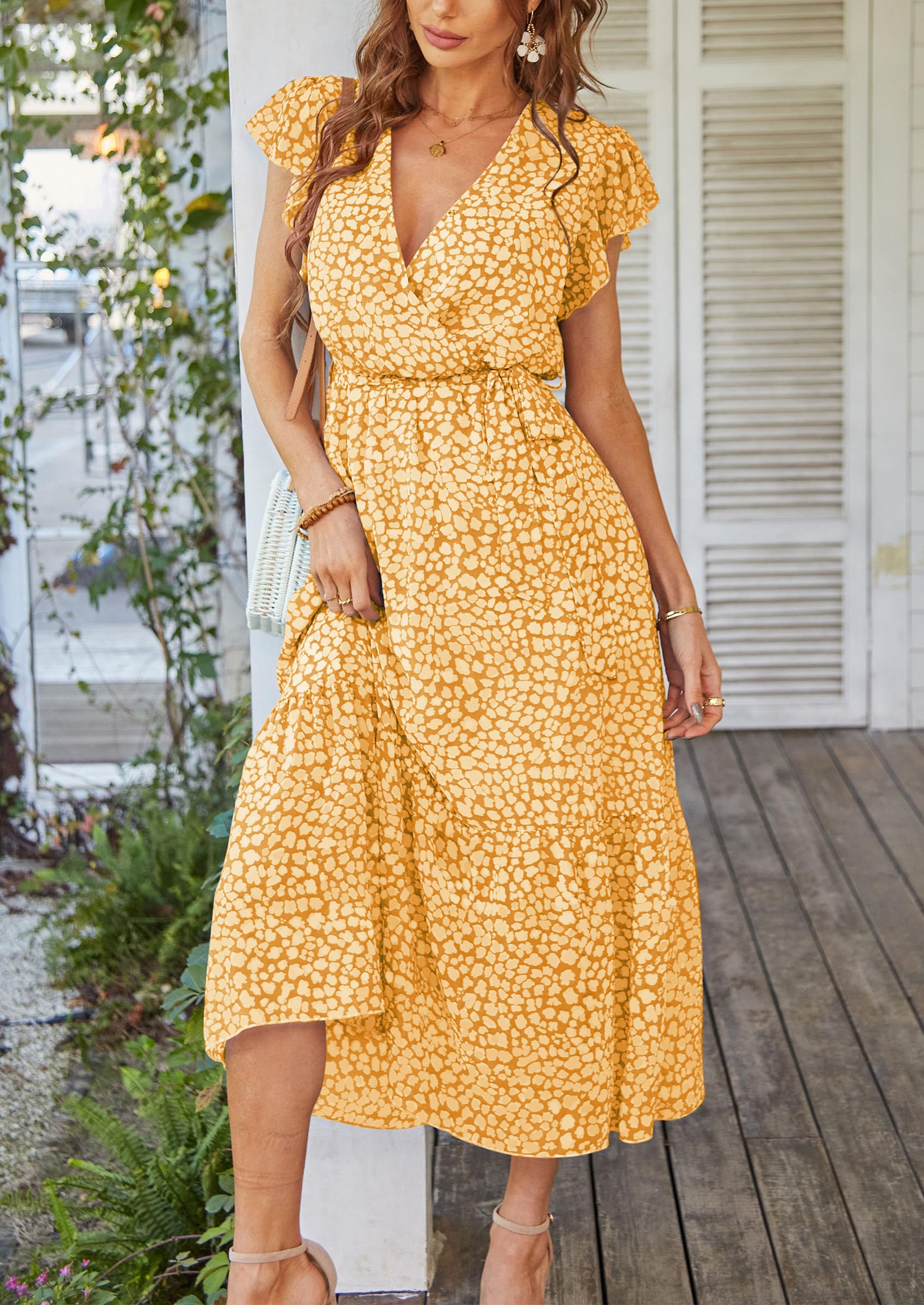 PRETTYGARDEN Women's Summer Floral Boho Maxi Dress Wrap Short Sleeve V Neck Ruffle A-Line Flowy Wedding Guest Long Dresses