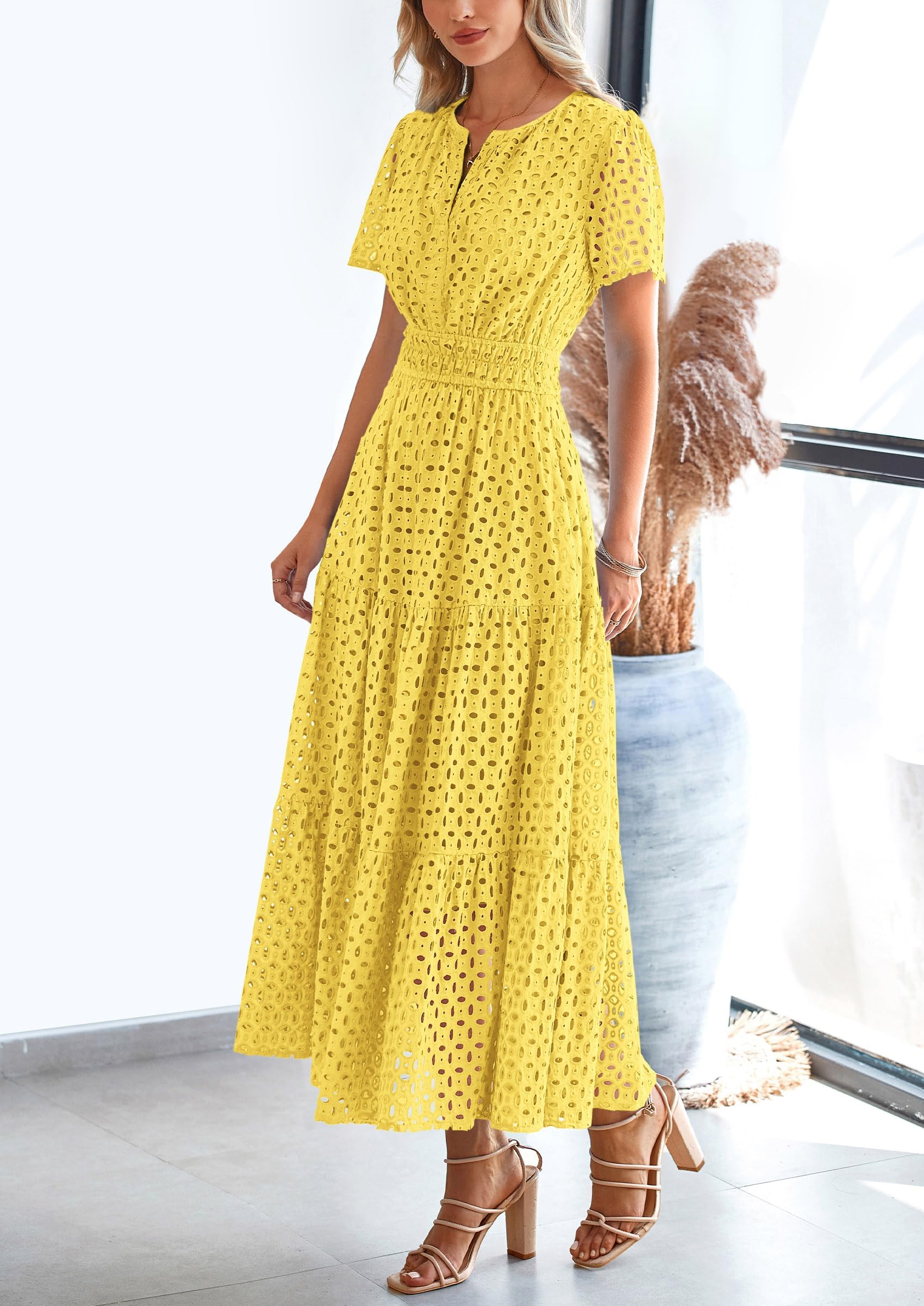 PRETTYGARDEN Womens Maxi Dress Short Sleeve V Neck Hollow Out Eyelet A Line Long Flowy Beach Vacation Dresses