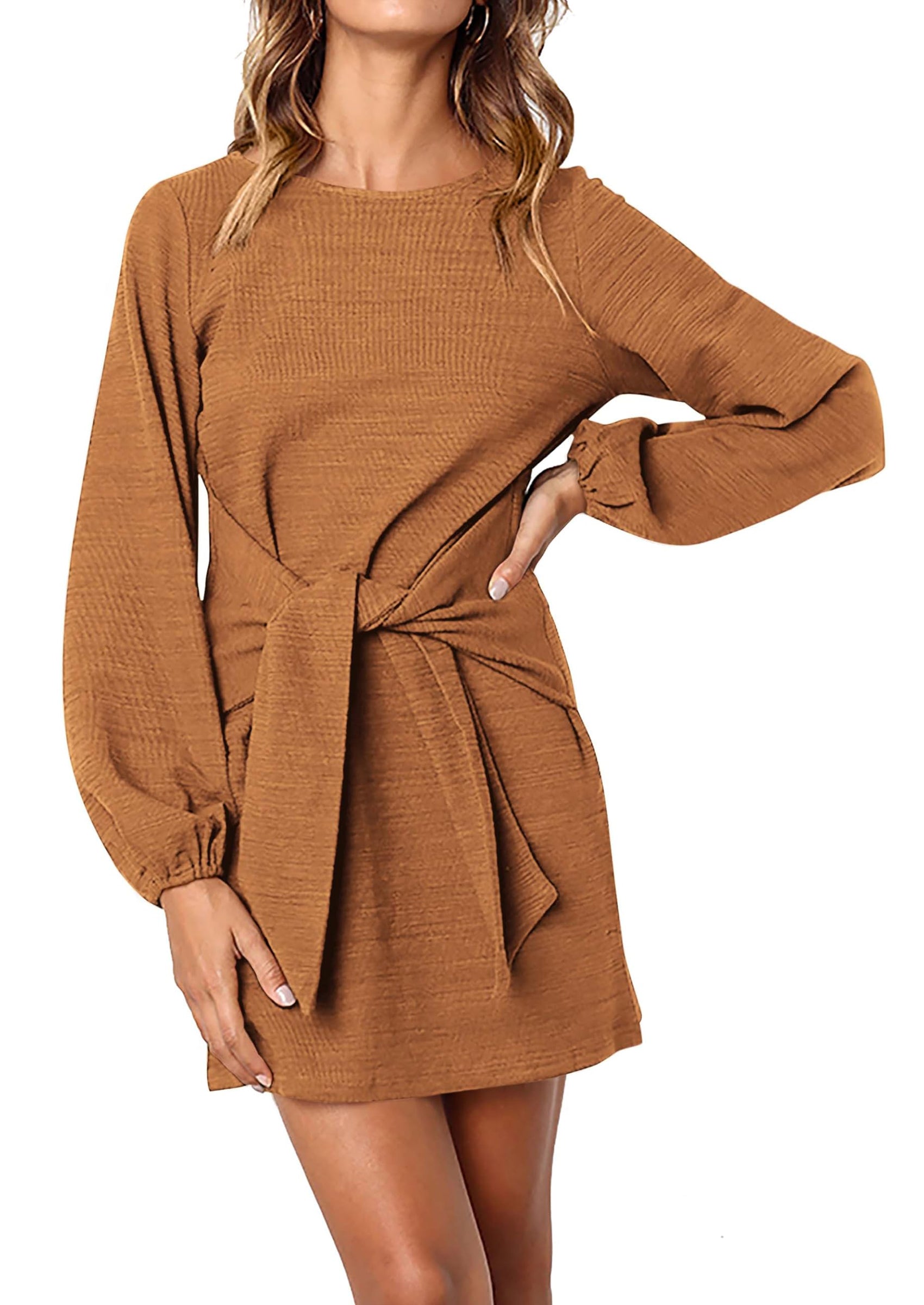 PRETTYGARDEN Womens Fall Elegant Long Lantern Sleeve Short Dress Wedding Guest Crewneck Tie Waist Knit Cocktail Dresses PRETTYGARDEN