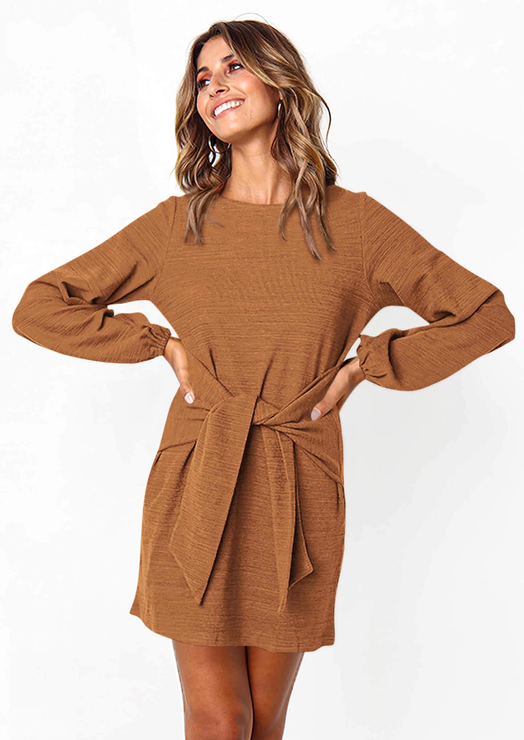 PRETTYGARDEN Womens Fall Elegant Long Lantern Sleeve Short Dress Wedding Guest Crewneck Tie Waist Knit Cocktail Dresses PRETTYGARDEN