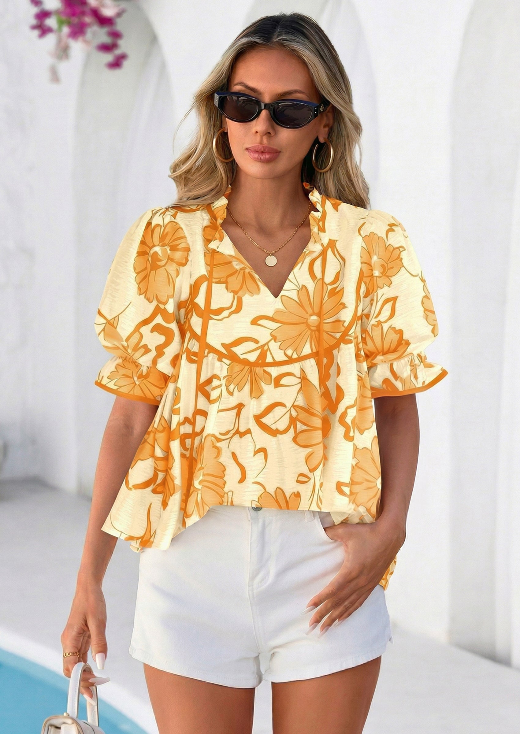PRETTYGARDEN Womens Summer Tops Cute Puff Sleeve Ruffle V Neck Babydoll T-Shirts Boho Floral Spring Peplum Shirts
