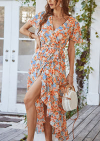 PRETTYGARDEN Women Summer Floral Boho V Neck Ruffle Wedding Guest Maxi Dresses