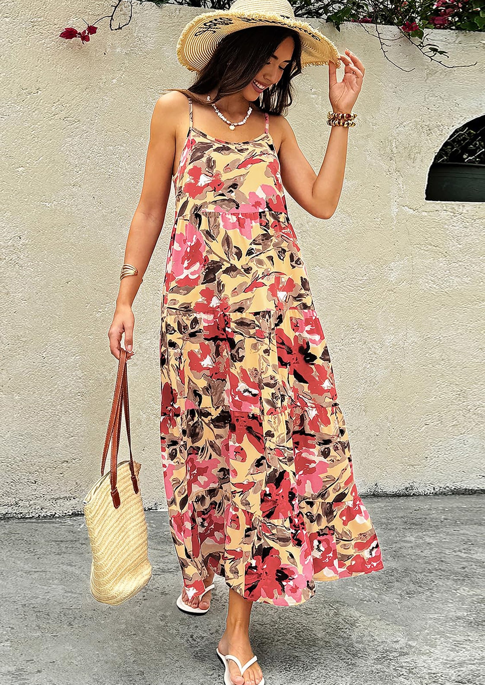 PRETTYGARDEN Women Summer Dresses Spaghetti Strap Scoop Neck Floral Maxi Dress Flowy Boho Long Sundress with Pockets