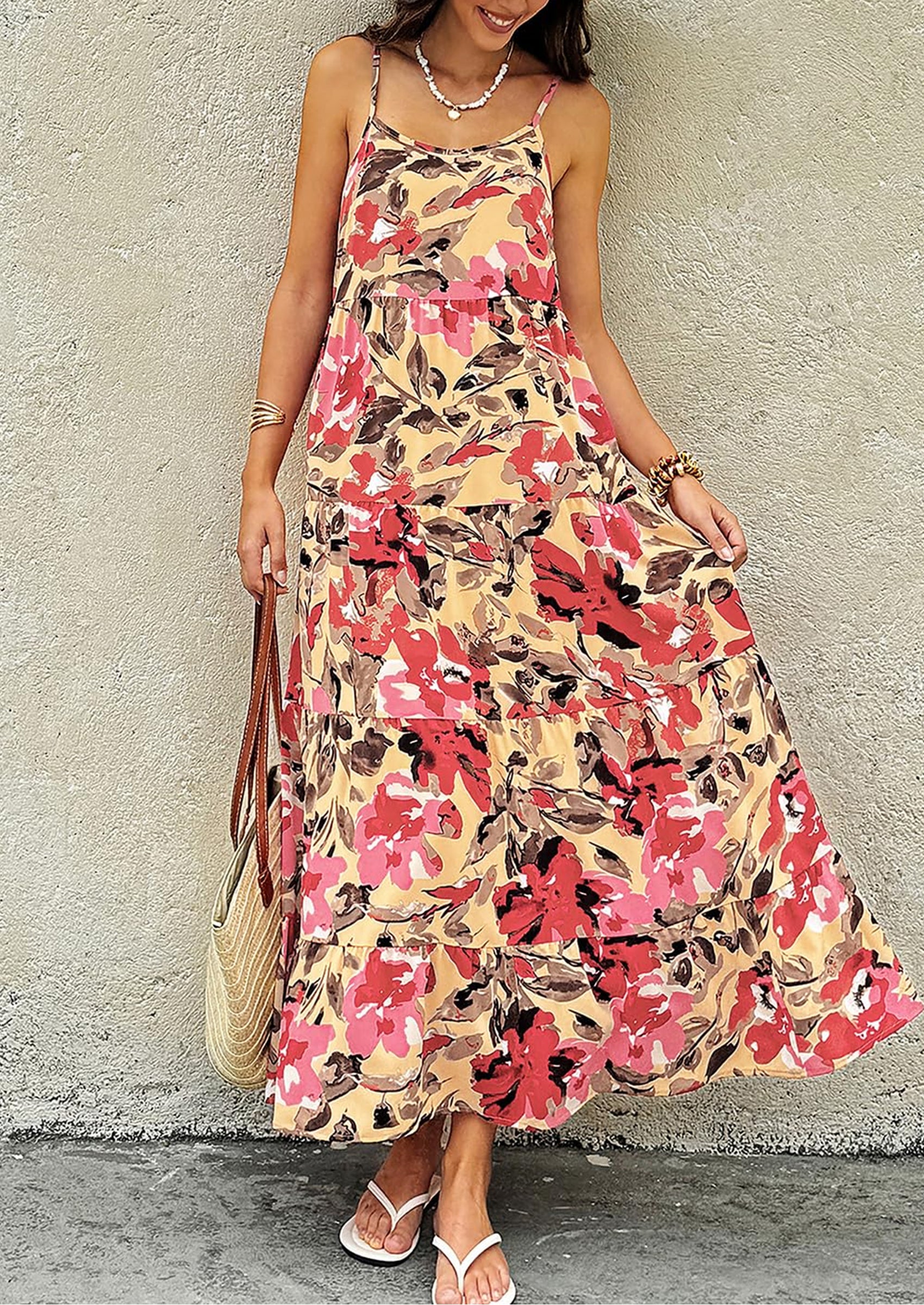 PRETTYGARDEN Women Summer Dresses Spaghetti Strap Scoop Neck Floral Maxi Dress Flowy Boho Long Sundress with Pockets