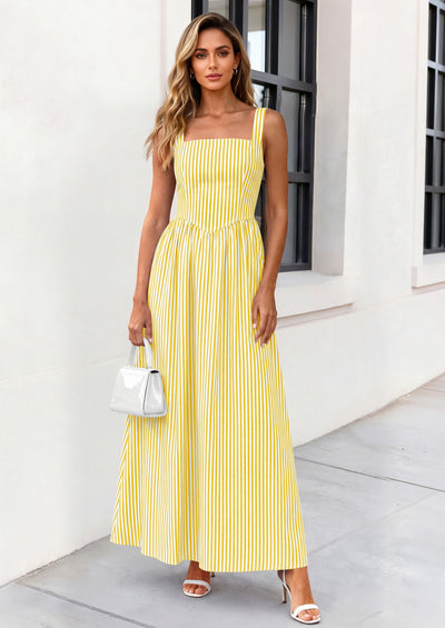 PRETTYGARDEN Women's Maxi Striped Dress Summer Sleeveless Square Neck Smocked A Line Long Flowy Spring Vacation Sundress PRETTYGARDEN