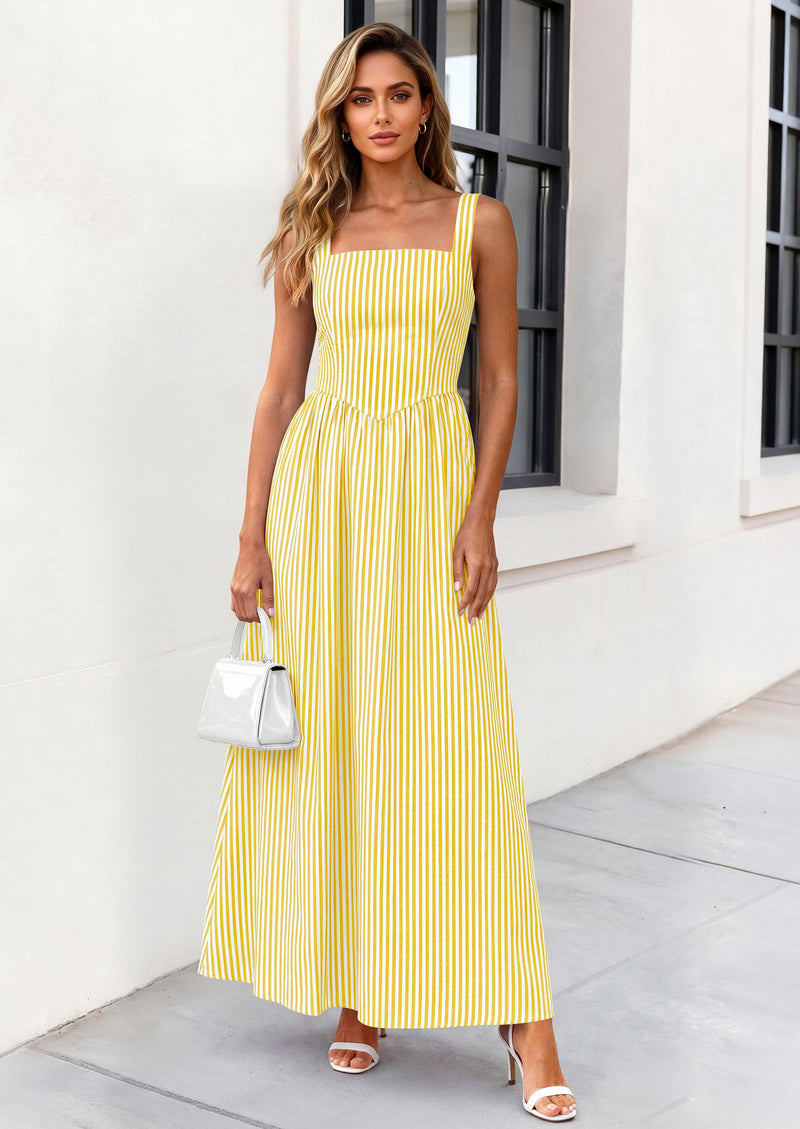 PRETTYGARDEN Women's Maxi Striped Dress Summer Sleeveless Square Neck Smocked A Line Long Flowy Spring Vacation Sundress PRETTYGARDEN