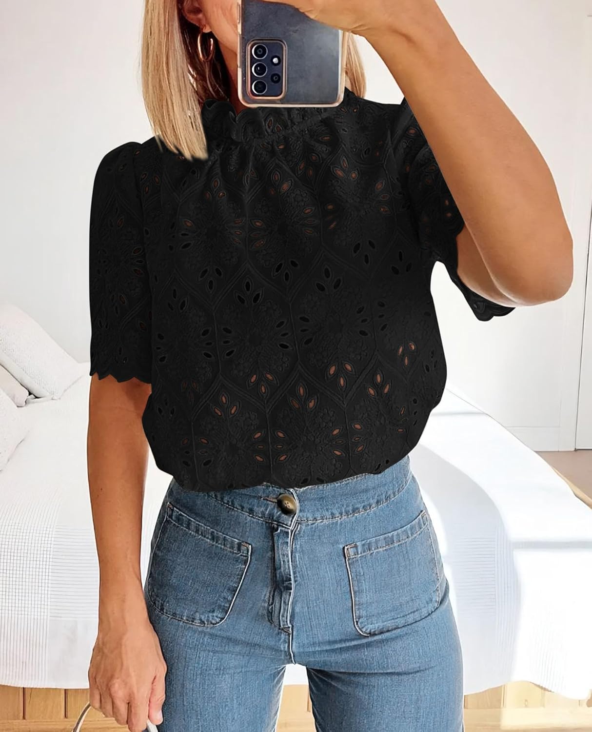 Summer Tops for Women Trendy Short Sleeve Eyelet Embroidered Dressy Casual Blouse Shirts