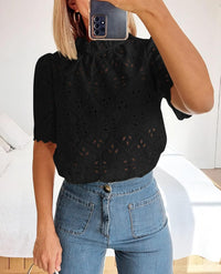 Women Trendy Short Sleeve Eyelet Embroidered Dressy Casual Blouse