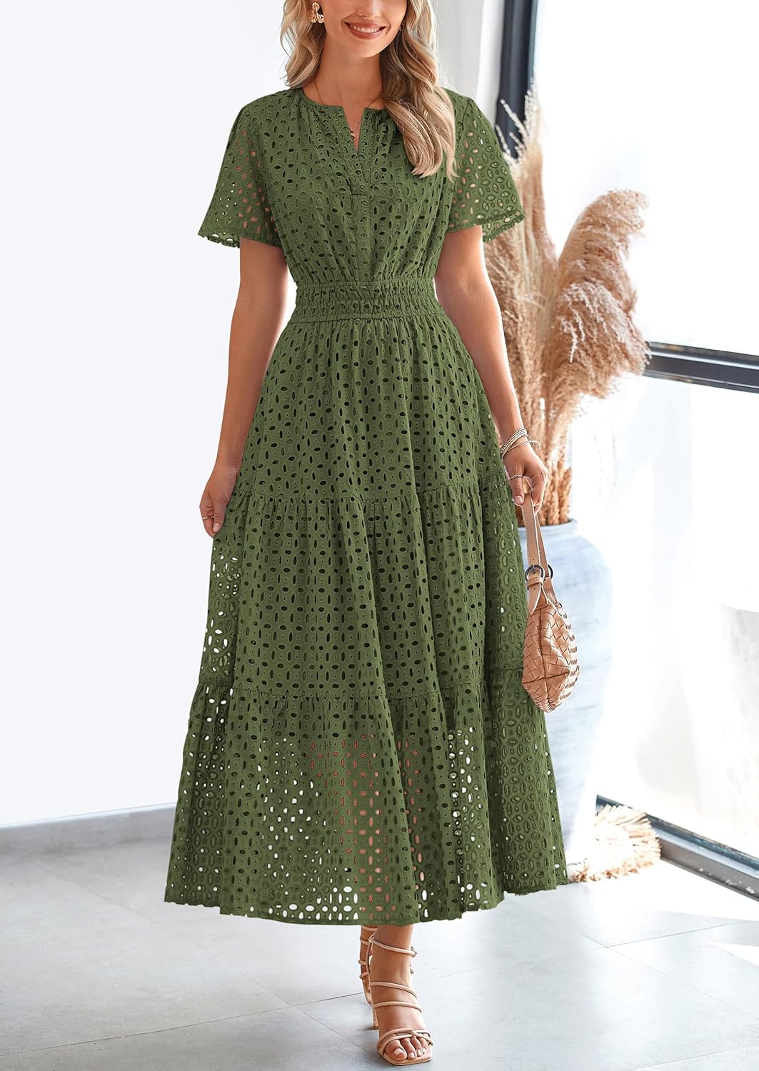 Womens 2025 Summer Maxi Dress Short Sleeve V Neck Hollow Out Eyelet A Line Long Flowy Beach Vacation Dresses