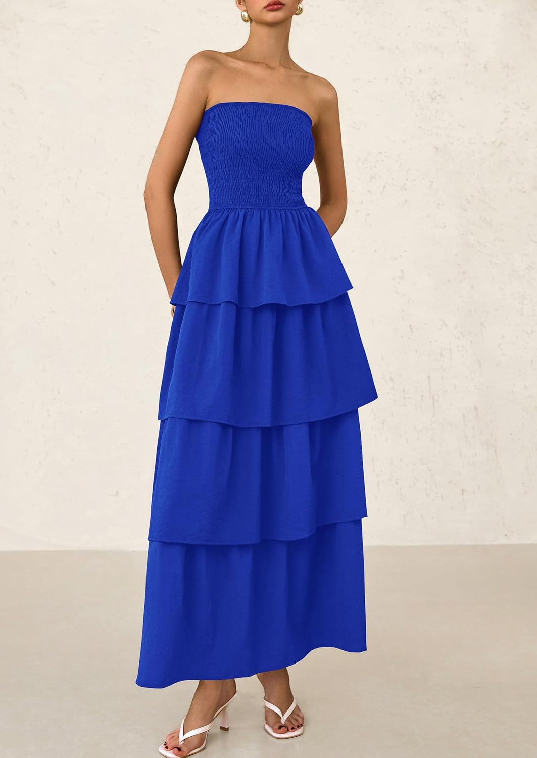 PRETTYGARDEN Maxi Dresses for Women Off Shoulder Smocked Tiered Ruffle Long Flowy Wedding Guest Dress