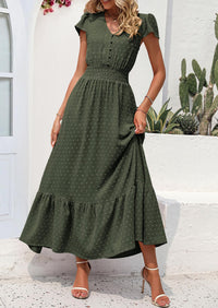 PRETTYGARDEN Womens Dresses Summer Maxi Dress Boho Short Sleeve V Neck Swiss Dot Ruffle Tiered Smocked Flowy Long Dress PRETTYGARDEN