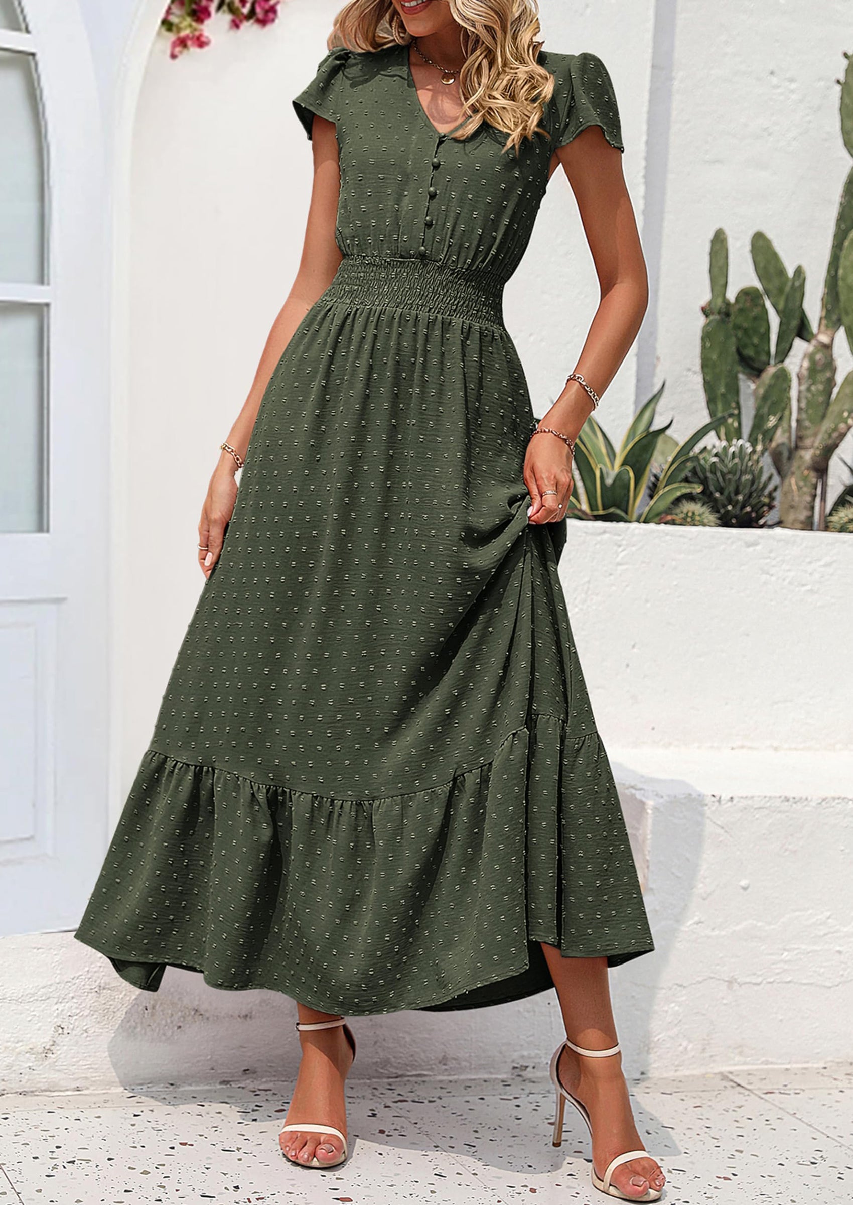 PRETTYGARDEN Womens Dresses Summer Maxi Dress Boho Short Sleeve V Neck Swiss Dot Ruffle Tiered Smocked Flowy Long Dress PRETTYGARDEN