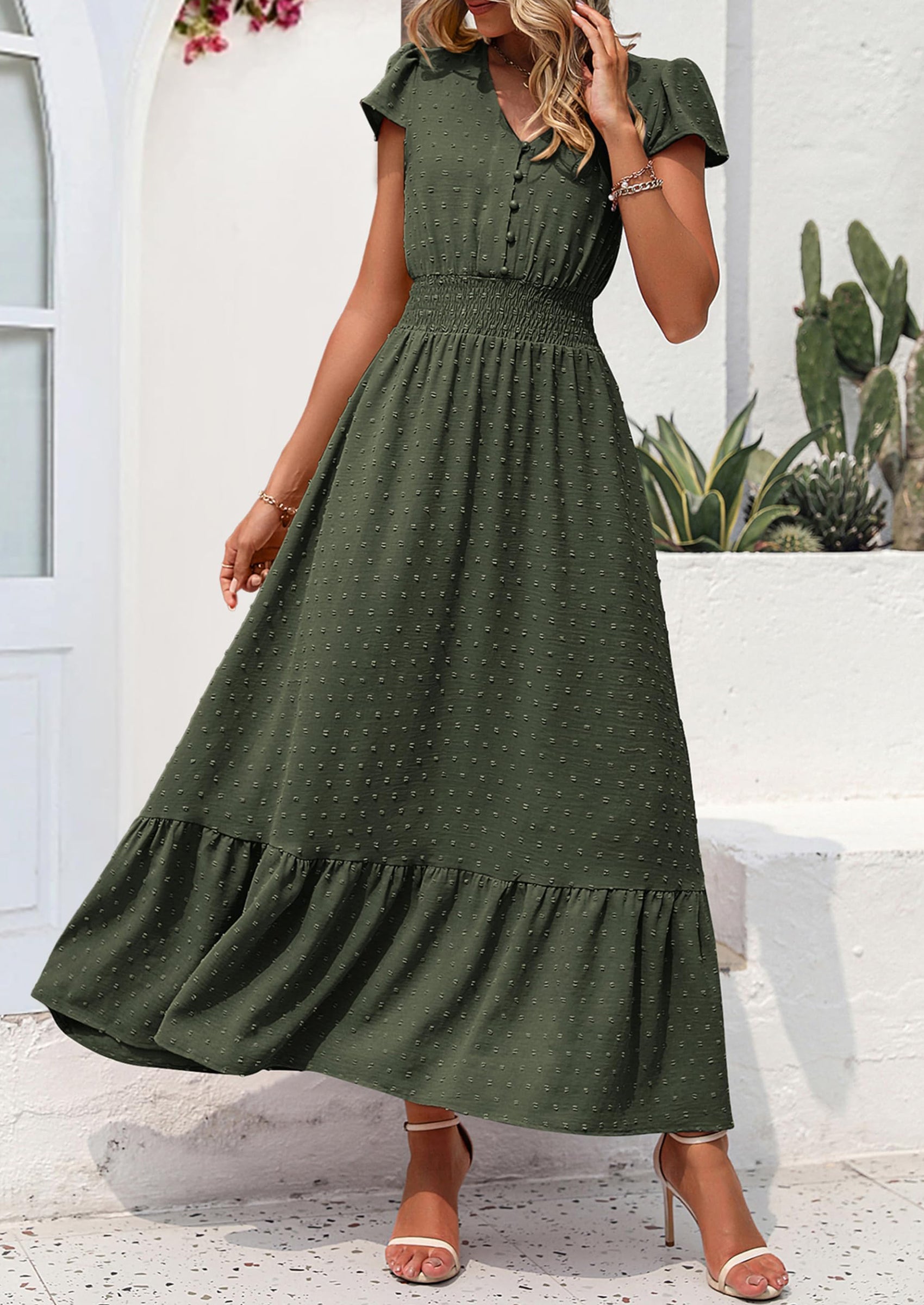 PRETTYGARDEN Womens Dresses Summer Maxi Dress Boho Short Sleeve V Neck Swiss Dot Ruffle Tiered Smocked Flowy Long Dress PRETTYGARDEN