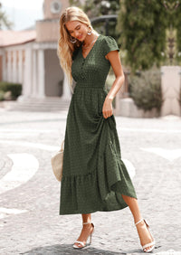 PRETTYGARDEN Womens Dresses Summer Maxi Dress Boho Short Sleeve V Neck Swiss Dot Ruffle Tiered Smocked Flowy Long Dress PRETTYGARDEN