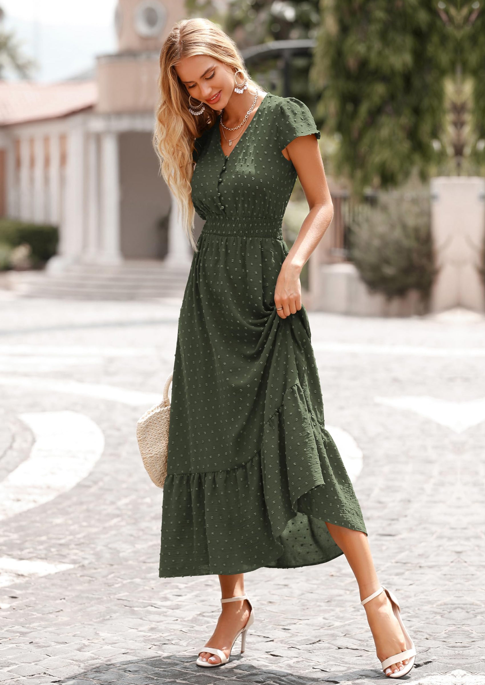 PRETTYGARDEN Womens Dresses Summer Maxi Dress Boho Short Sleeve V Neck Swiss Dot Ruffle Tiered Smocked Flowy Long Dress PRETTYGARDEN