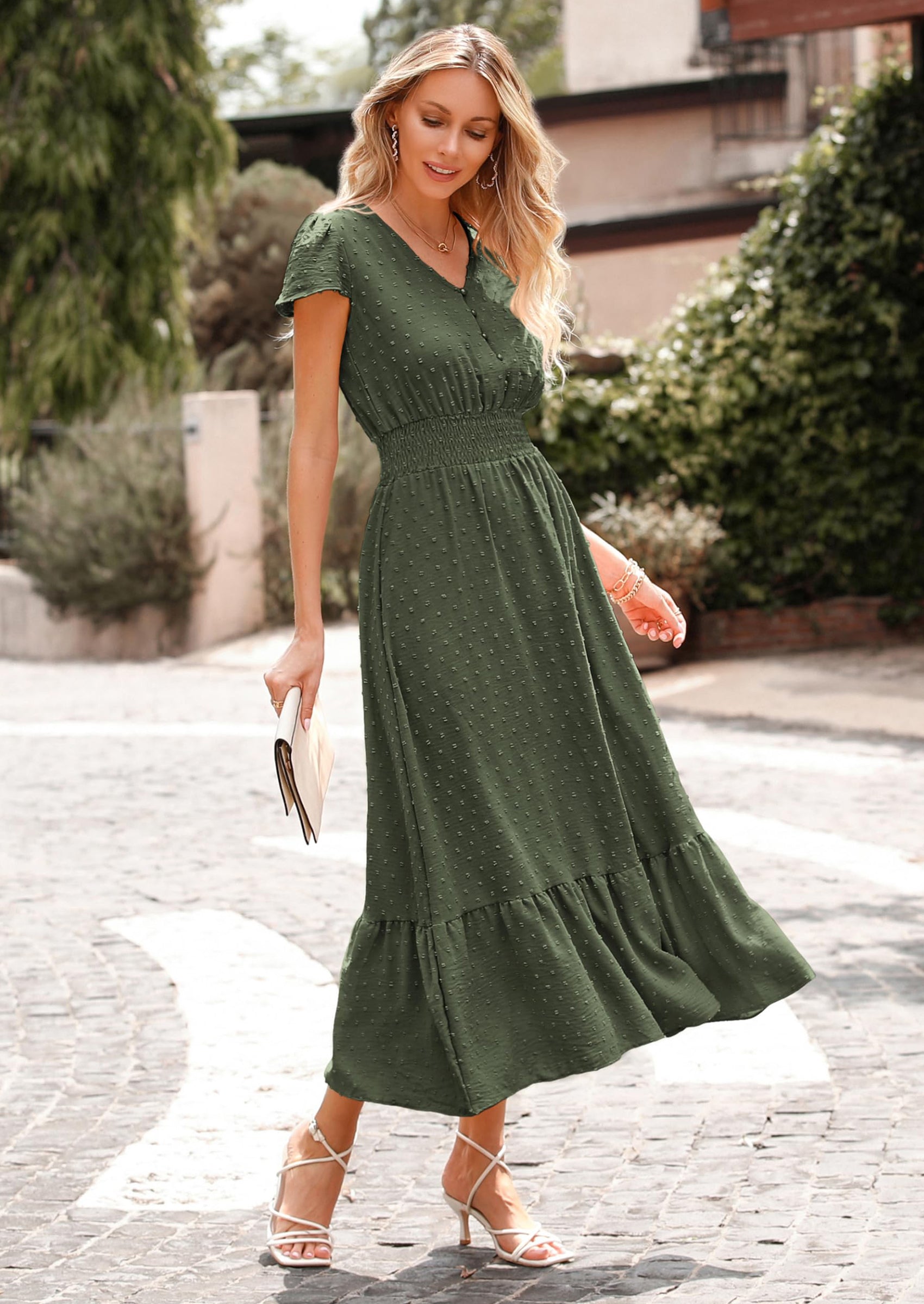 PRETTYGARDEN Womens Dresses Summer Maxi Dress Boho Short Sleeve V Neck Swiss Dot Ruffle Tiered Smocked Flowy Long Dress PRETTYGARDEN