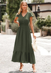 PRETTYGARDEN Womens Dresses Summer Maxi Dress Boho Short Sleeve V Neck Swiss Dot Ruffle Tiered Smocked Flowy Long Dress PRETTYGARDEN
