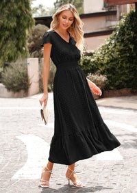 PRETTYGARDEN Womens Dresses Summer Maxi Dress Boho Short Sleeve V Neck Swiss Dot Ruffle Tiered Smocked Flowy Long Dress PRETTYGARDEN