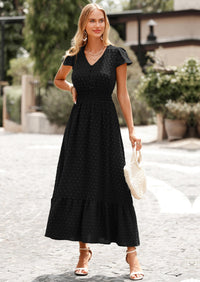 PRETTYGARDEN Womens Dresses Summer Maxi Dress Boho Short Sleeve V Neck Swiss Dot Ruffle Tiered Smocked Flowy Long Dress PRETTYGARDEN