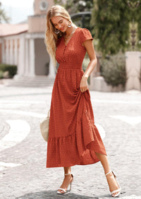 PRETTYGARDEN Womens Dresses Summer Maxi Dress Boho Short Sleeve V Neck Swiss Dot Ruffle Tiered Smocked Flowy Long Dress PRETTYGARDEN