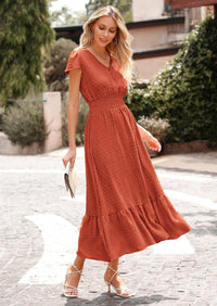 PRETTYGARDEN Womens Dresses Summer Maxi Dress Boho Short Sleeve V Neck Swiss Dot Ruffle Tiered Smocked Flowy Long Dress PRETTYGARDEN
