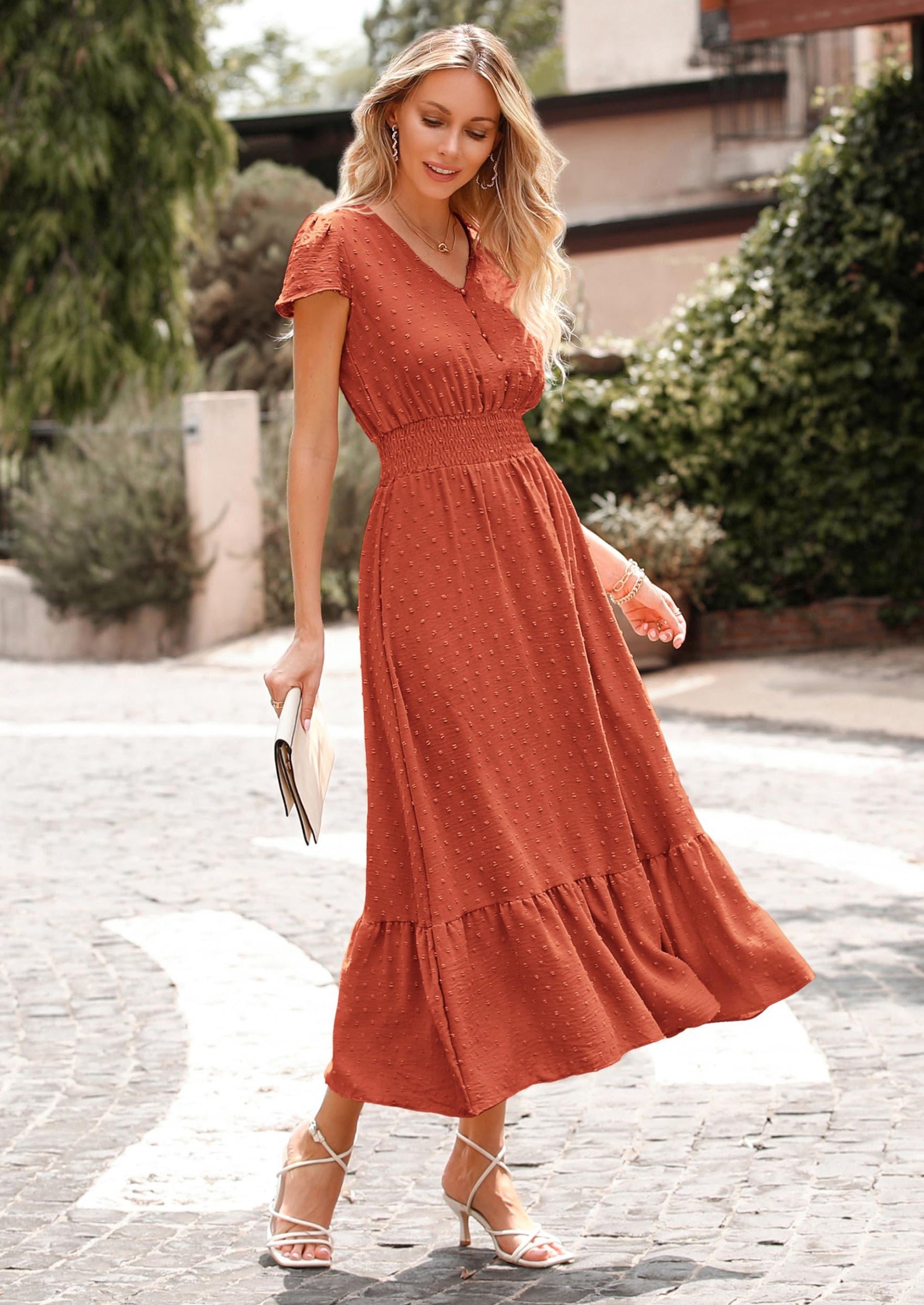 PRETTYGARDEN Womens Dresses Summer Maxi Dress Boho Short Sleeve V Neck Swiss Dot Ruffle Tiered Smocked Flowy Long Dress PRETTYGARDEN