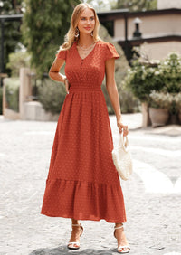 PRETTYGARDEN Womens Dresses Summer Maxi Dress Boho Short Sleeve V Neck Swiss Dot Ruffle Tiered Smocked Flowy Long Dress PRETTYGARDEN