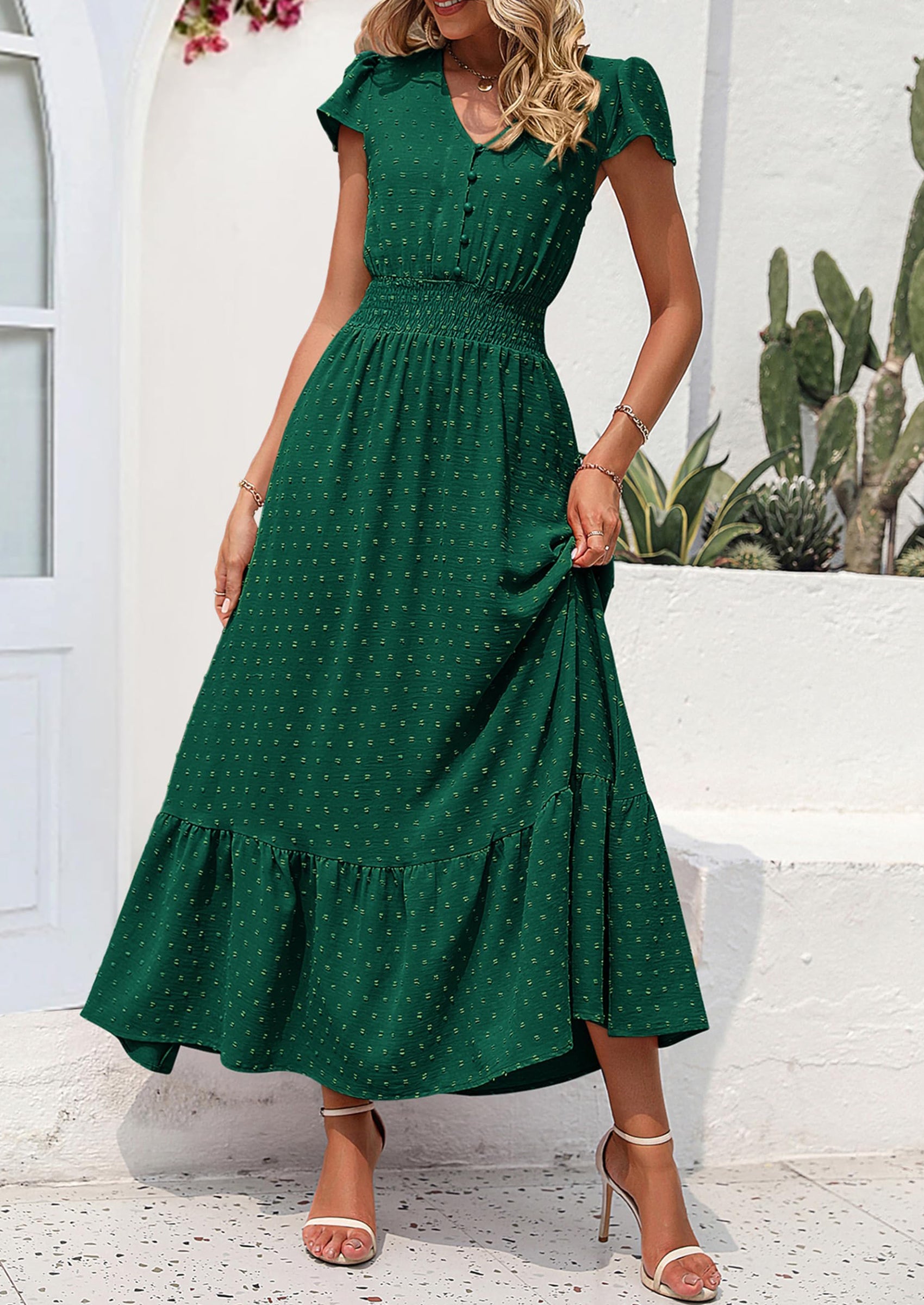 PRETTYGARDEN Womens Dresses Summer Maxi Dress Boho Short Sleeve V Neck Swiss Dot Ruffle Tiered Smocked Flowy Long Dress PRETTYGARDEN