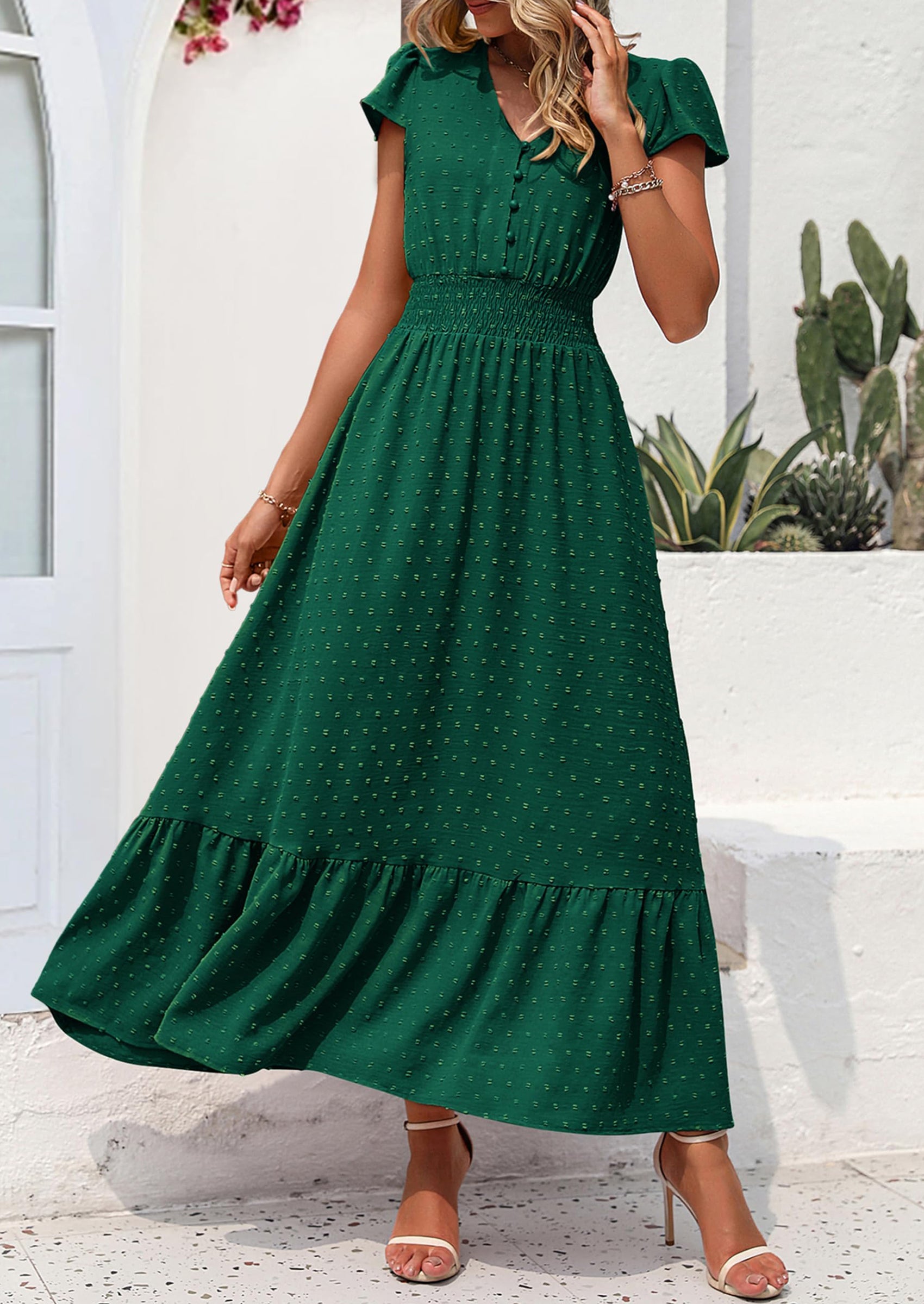 PRETTYGARDEN Womens Dresses Summer Maxi Dress Boho Short Sleeve V Neck Swiss Dot Ruffle Tiered Smocked Flowy Long Dress PRETTYGARDEN