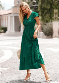 PRETTYGARDEN Womens Dresses Summer Maxi Dress Boho Short Sleeve V Neck Swiss Dot Ruffle Tiered Smocked Flowy Long Dress PRETTYGARDEN