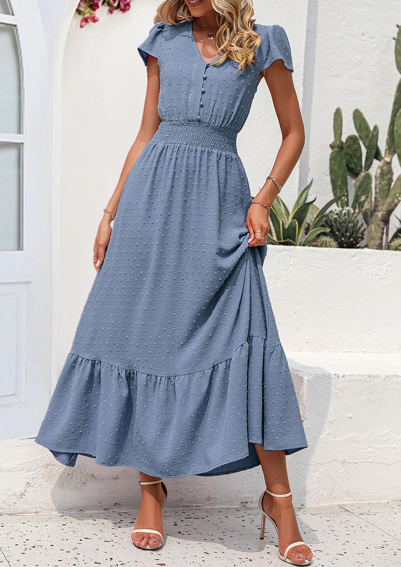 PRETTYGARDEN Womens Dresses Summer Maxi Dress Boho Short Sleeve V Neck Swiss Dot Ruffle Tiered Smocked Flowy Long Dress PRETTYGARDEN
