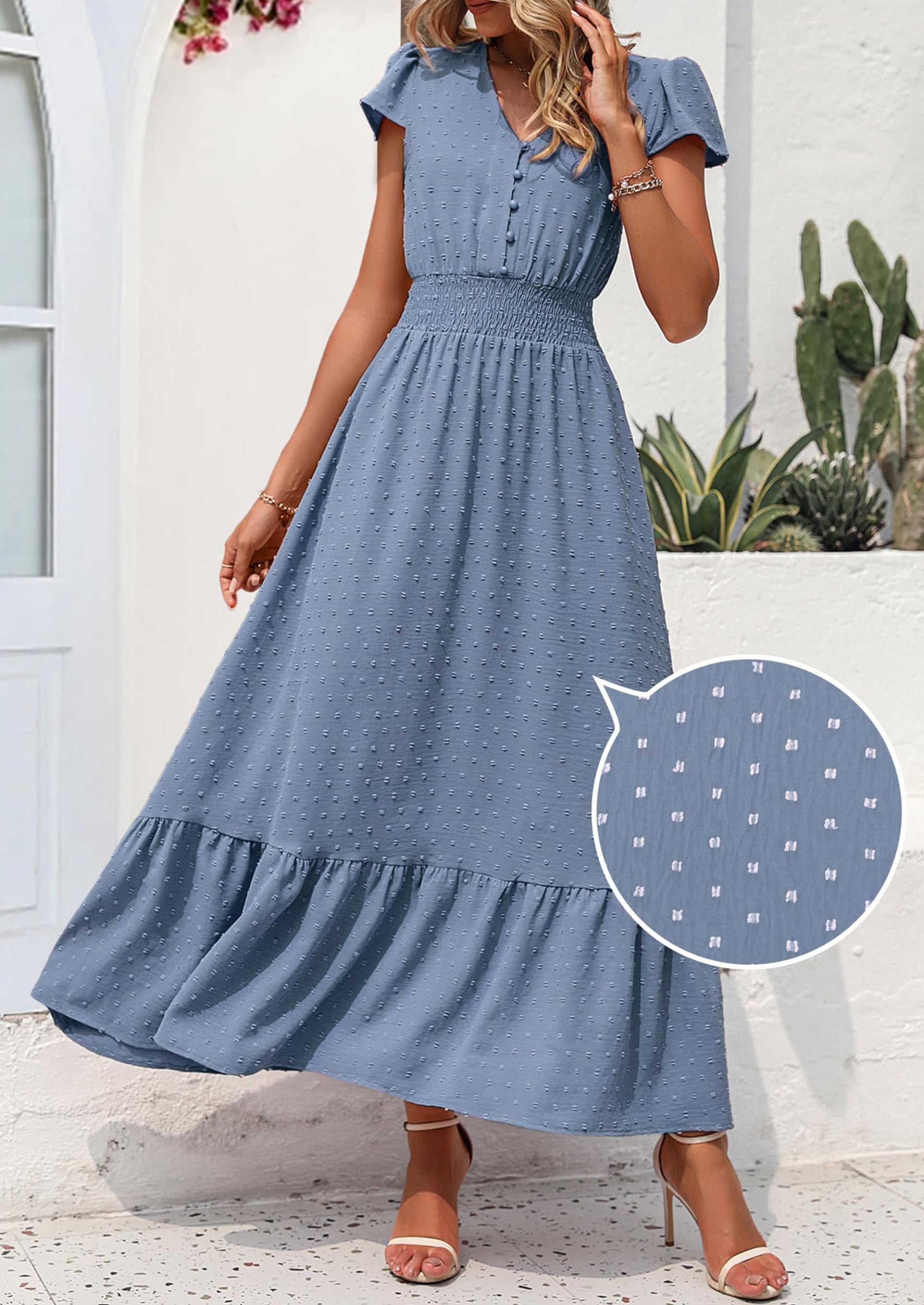 PRETTYGARDEN Womens Dresses Summer Maxi Dress Boho Short Sleeve V Neck Swiss Dot Ruffle Tiered Smocked Flowy Long Dress PRETTYGARDEN