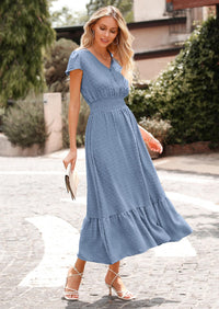 PRETTYGARDEN Womens Dresses Summer Maxi Dress Boho Short Sleeve V Neck Swiss Dot Ruffle Tiered Smocked Flowy Long Dress PRETTYGARDEN