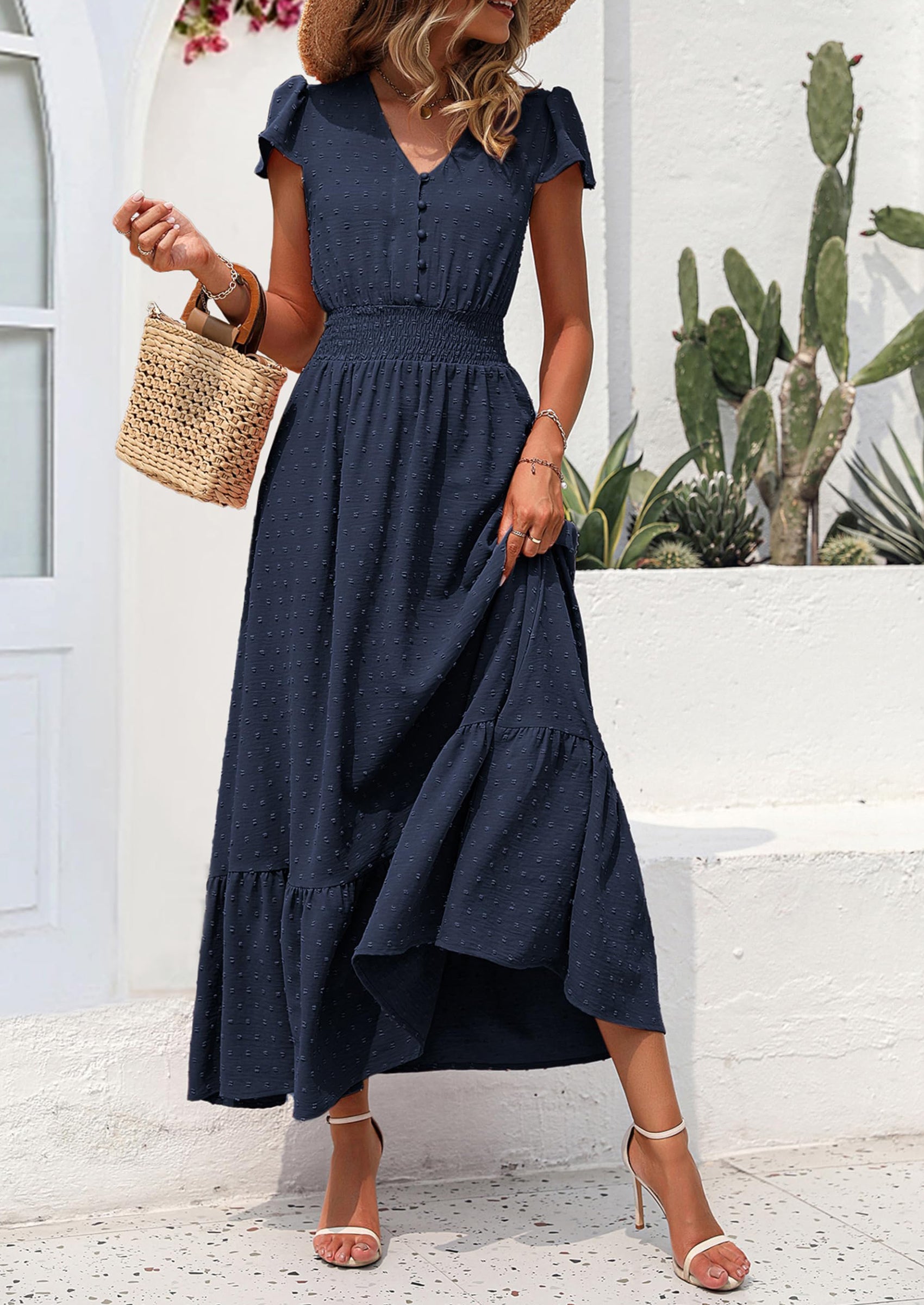 PRETTYGARDEN Womens Dresses Summer Maxi Dress Boho Short Sleeve V Neck Swiss Dot Ruffle Tiered Smocked Flowy Long Dress PRETTYGARDEN