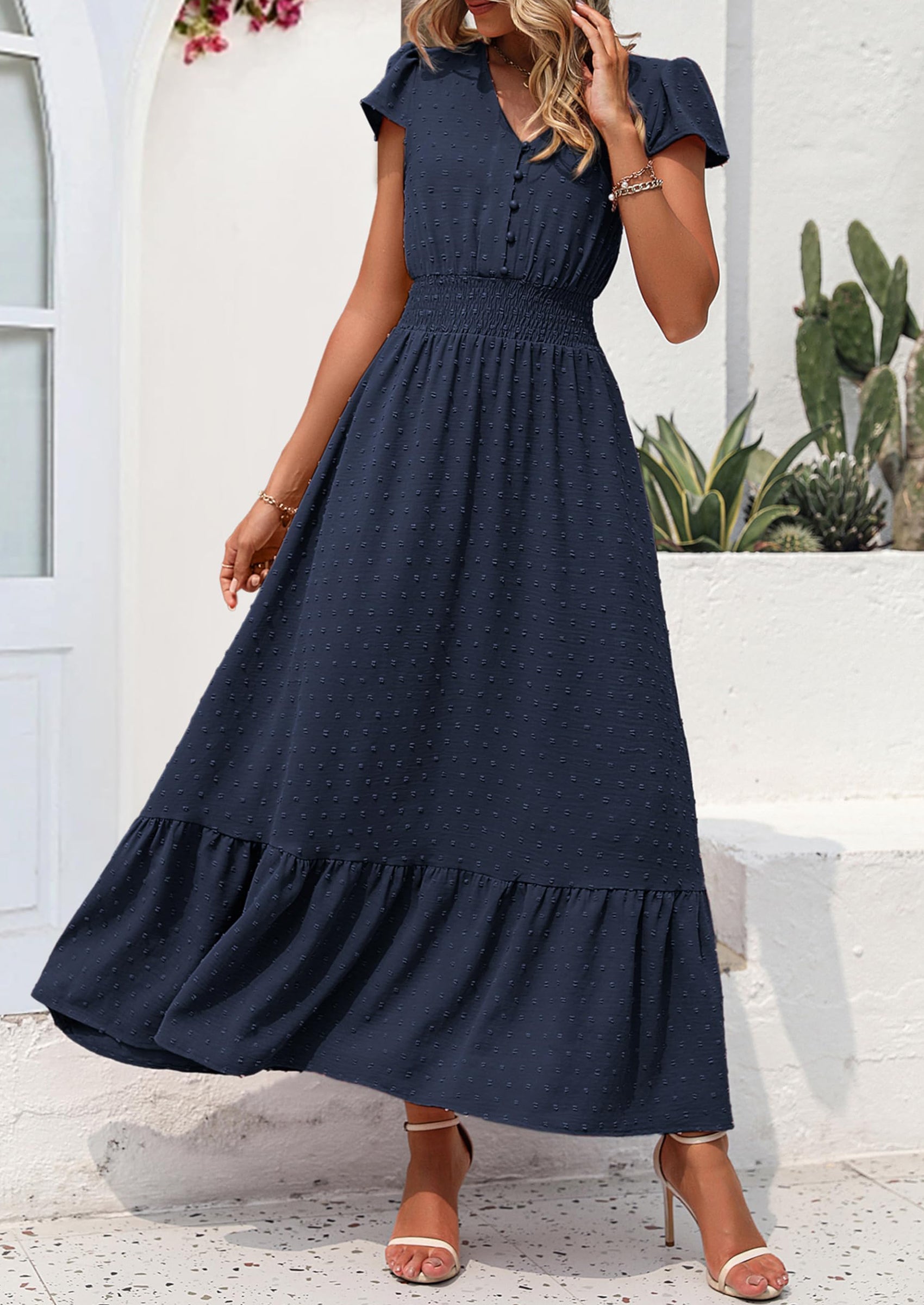 PRETTYGARDEN Womens Dresses Summer Maxi Dress Boho Short Sleeve V Neck Swiss Dot Ruffle Tiered Smocked Flowy Long Dress PRETTYGARDEN
