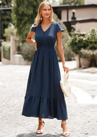 PRETTYGARDEN Womens Dresses Summer Maxi Dress Boho Short Sleeve V Neck Swiss Dot Ruffle Tiered Smocked Flowy Long Dress PRETTYGARDEN