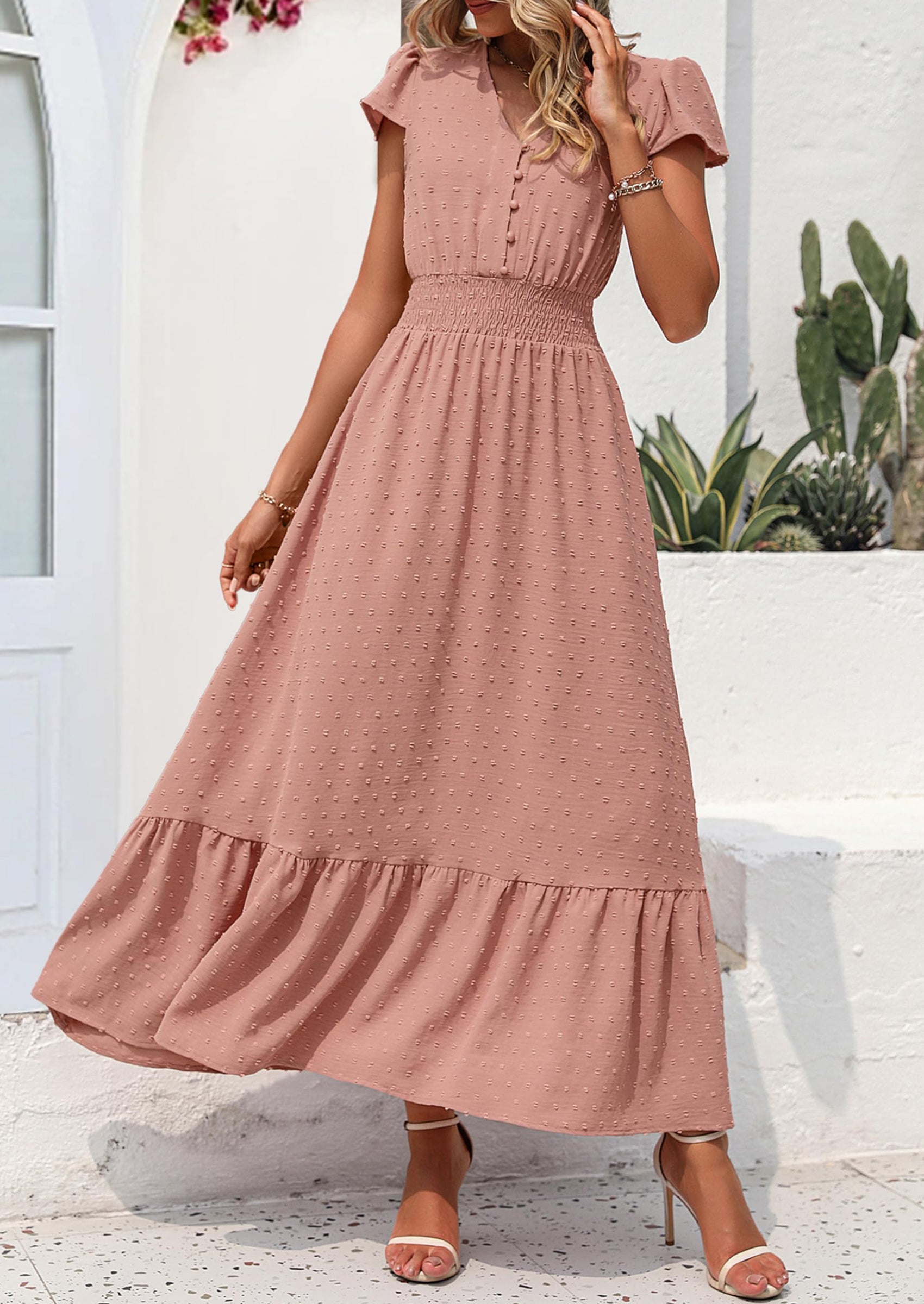 PRETTYGARDEN Womens Dresses Summer Maxi Dress Boho Short Sleeve V Neck Swiss Dot Ruffle Tiered Smocked Flowy Long Dress PRETTYGARDEN