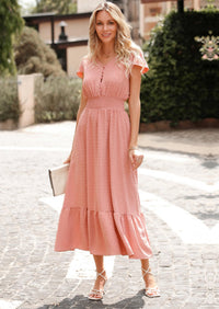 PRETTYGARDEN Womens Dresses Summer Maxi Dress Boho Short Sleeve V Neck Swiss Dot Ruffle Tiered Smocked Flowy Long Dress PRETTYGARDEN