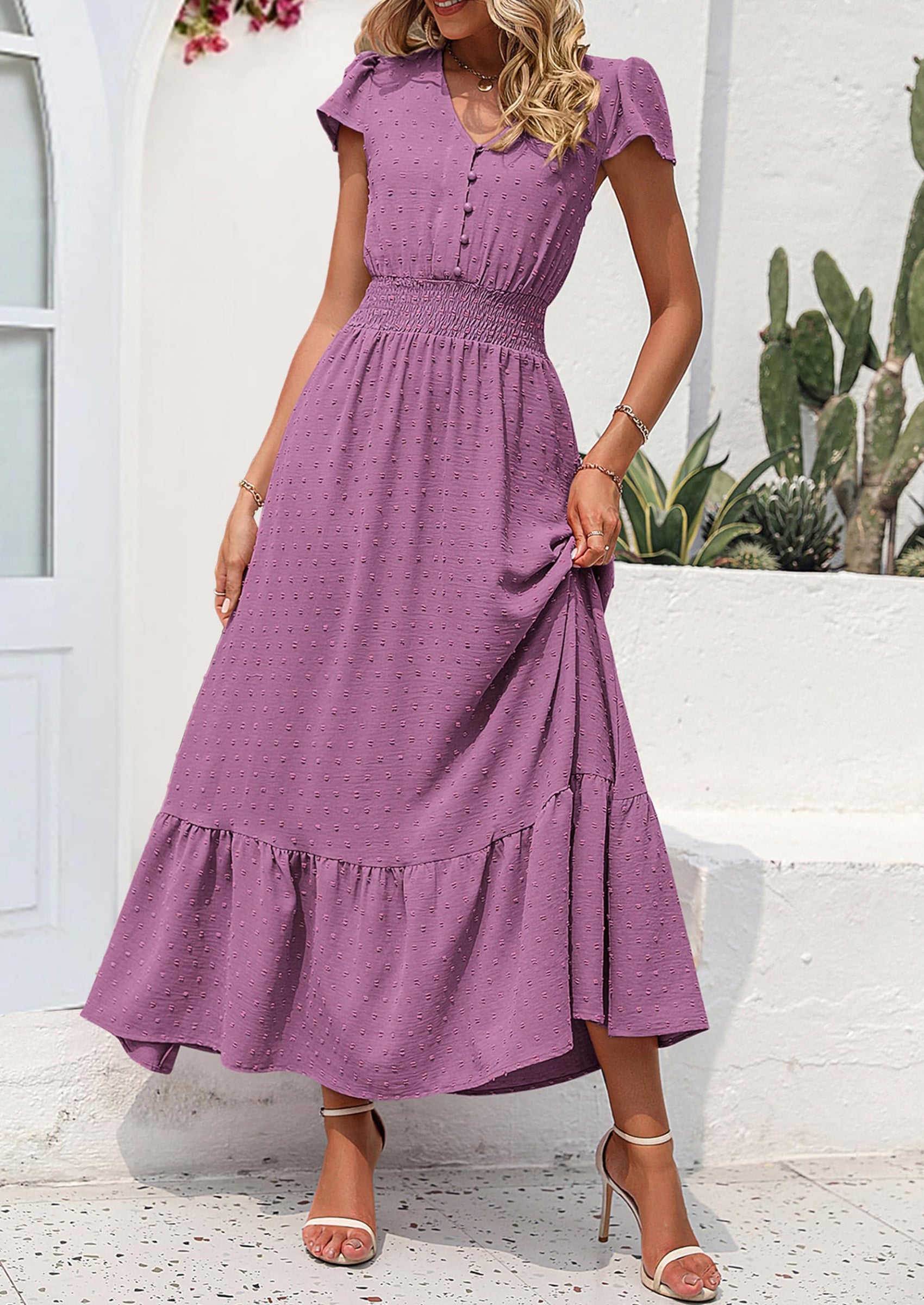 PRETTYGARDEN Womens Dresses Summer Maxi Dress Boho Short Sleeve V Neck Swiss Dot Ruffle Tiered Smocked Flowy Long Dress PRETTYGARDEN