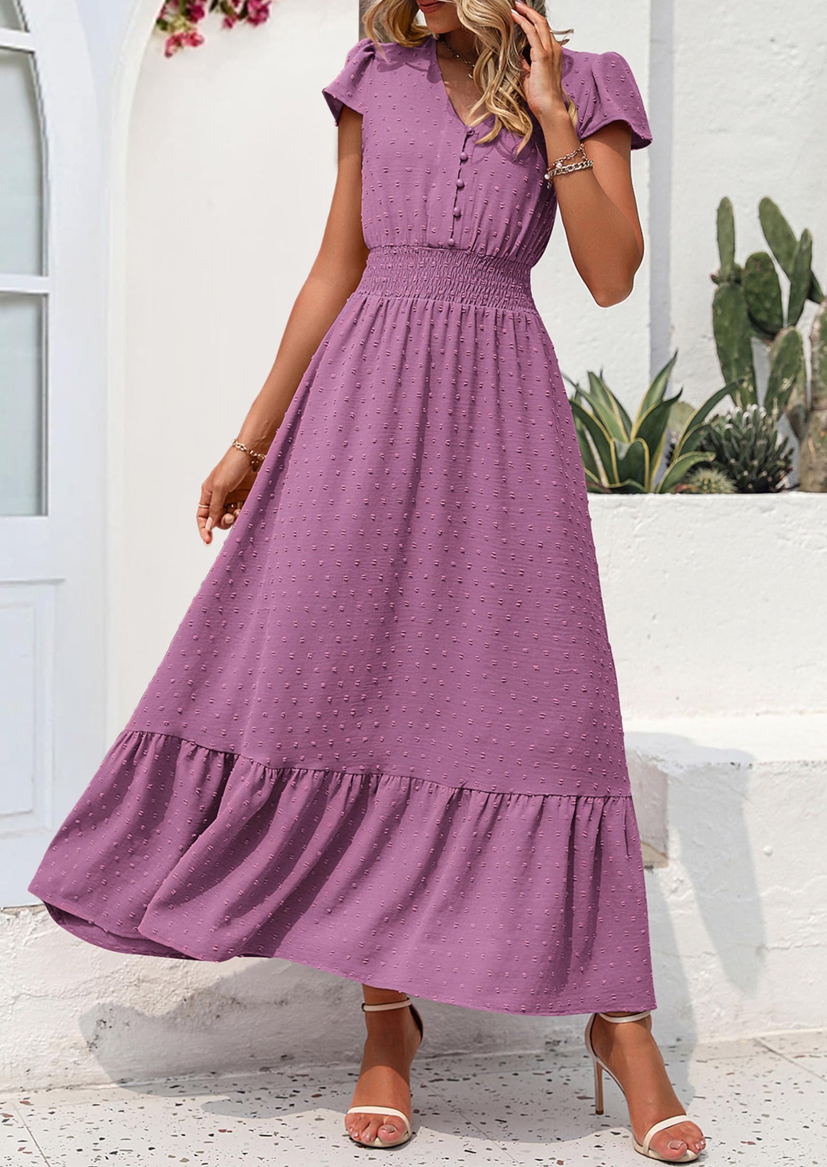 PRETTYGARDEN Womens Dresses Summer Maxi Dress Boho Short Sleeve V Neck Swiss Dot Ruffle Tiered Smocked Flowy Long Dress PRETTYGARDEN