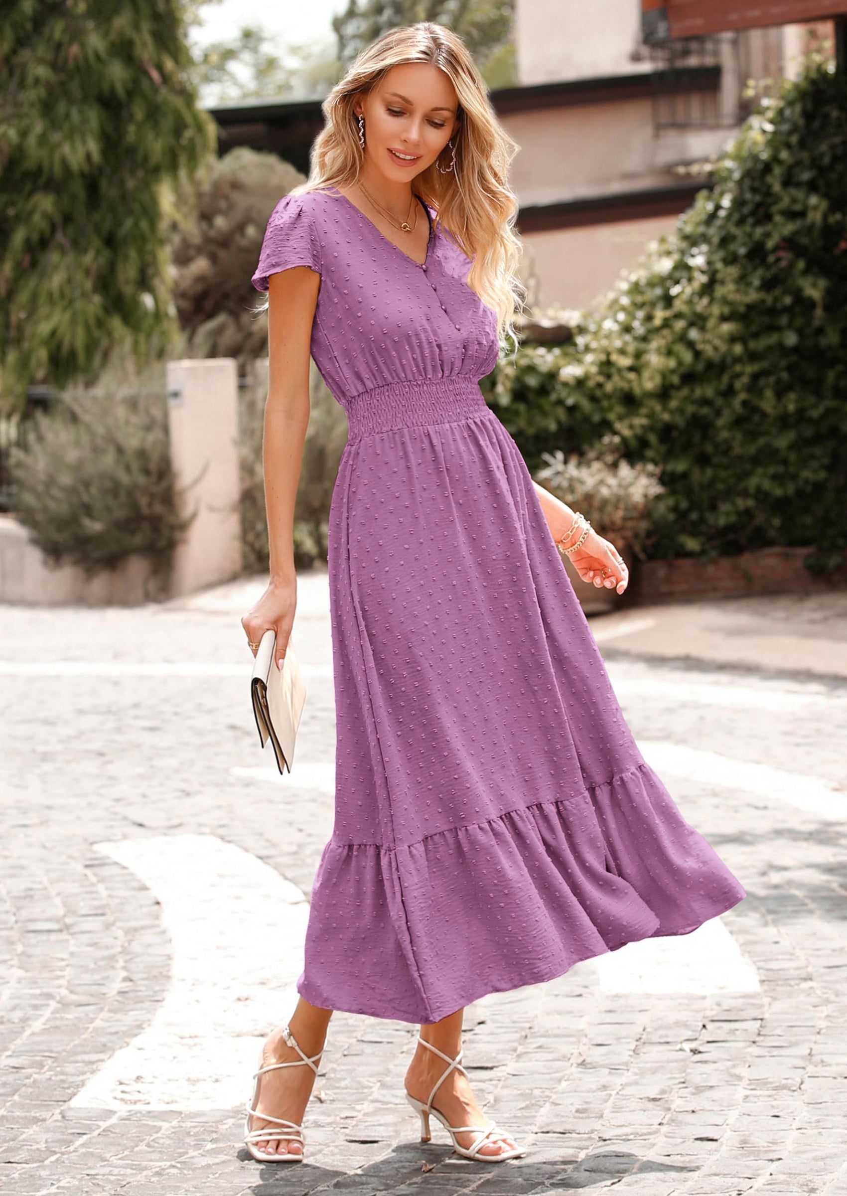 PRETTYGARDEN Womens Dresses Summer Maxi Dress Boho Short Sleeve V Neck Swiss Dot Ruffle Tiered Smocked Flowy Long Dress PRETTYGARDEN