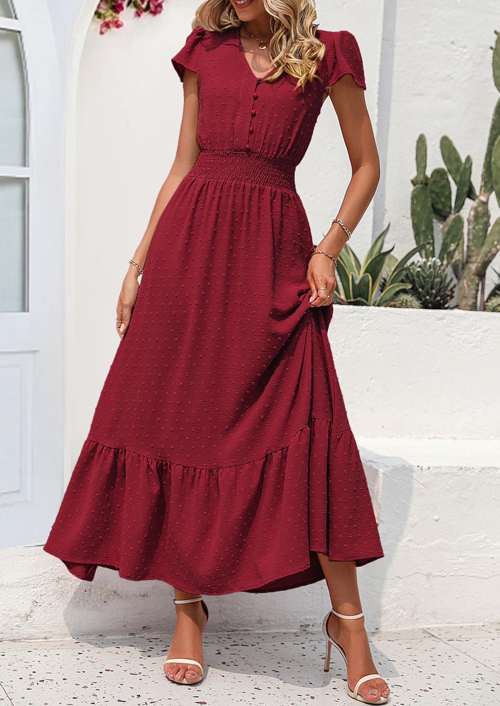 PRETTYGARDEN Womens Dresses Summer Maxi Dress Boho Short Sleeve V Neck Swiss Dot Ruffle Tiered Smocked Flowy Long Dress PRETTYGARDEN