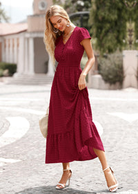 PRETTYGARDEN Womens Dresses Summer Maxi Dress Boho Short Sleeve V Neck Swiss Dot Ruffle Tiered Smocked Flowy Long Dress PRETTYGARDEN